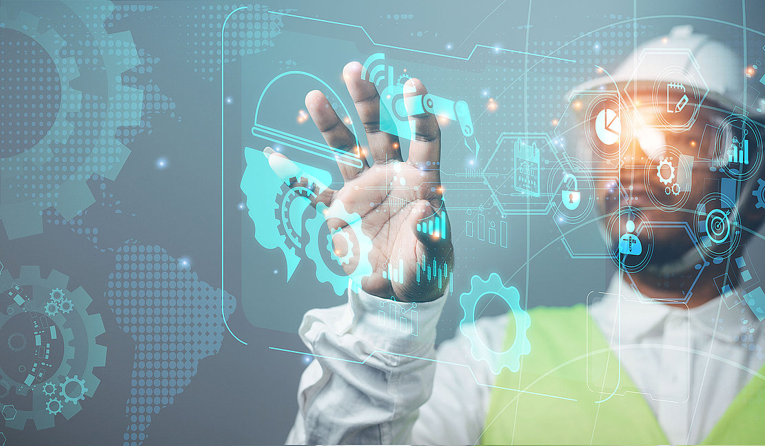 Engineer manager shows intelligent industrial system with software and digital manufacturing, artificial intelligence technology of modern innovation.