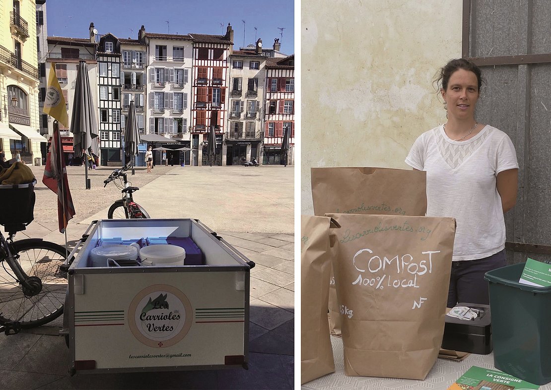 Fanny Couronné tient une permanence à la ferme Pintan Darricau de Bayonne. Elle y vend le compost et propose les bio-seaux pour la Consigne Verte © Alexandra Delalande