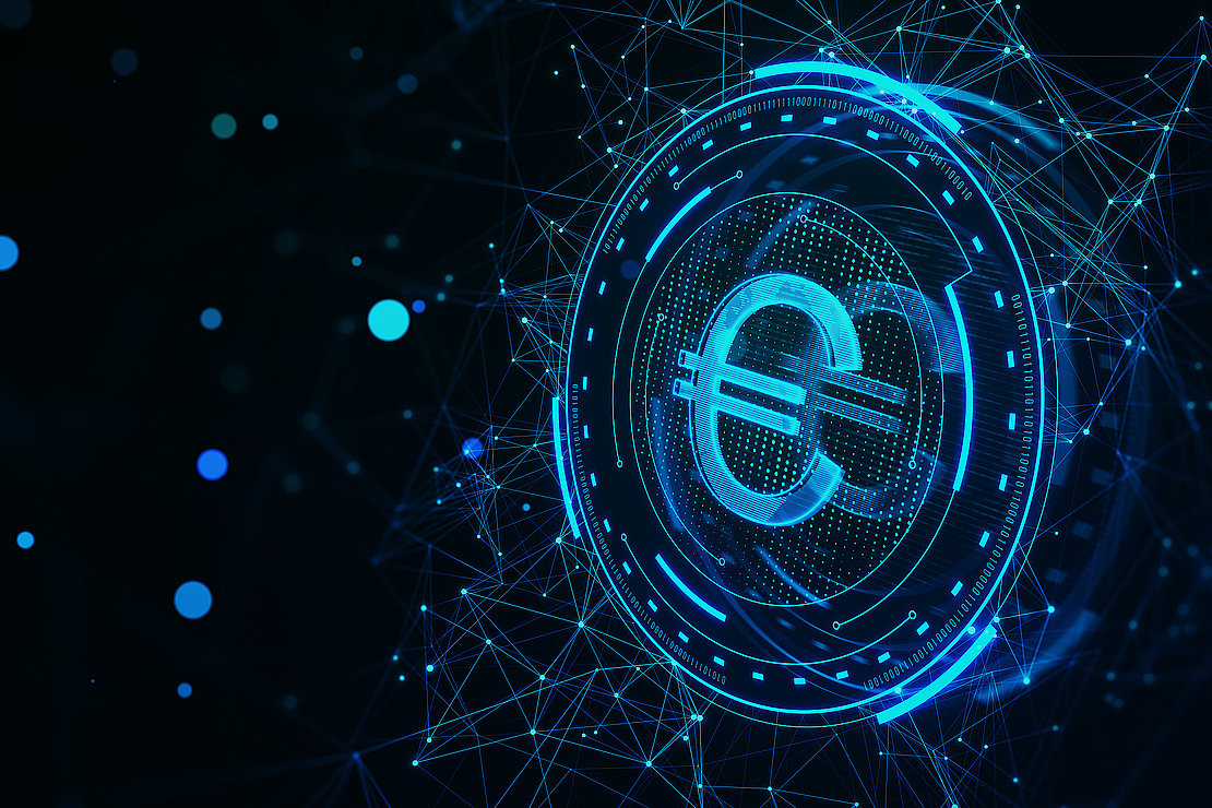 Creative round futuristic euro sign on dark polygonal background. Crypto, online banking, digital transformation and finance concept. 3D Rendering.