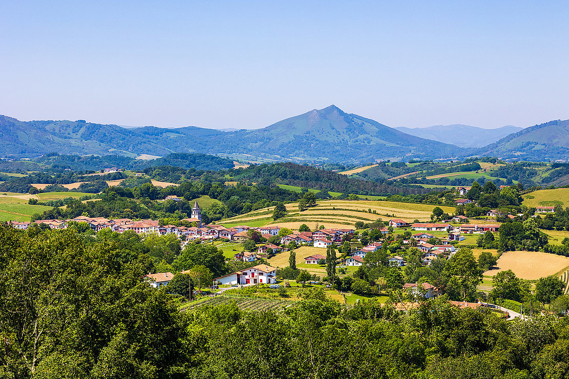 Panorama of La Rhune Mountain and the Traditional Village of Ainhoa from the Hill of the Three Crosses