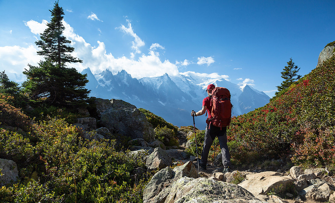 A man hiking on the famous Tour du Mont Blanc near Chamonix, Fra