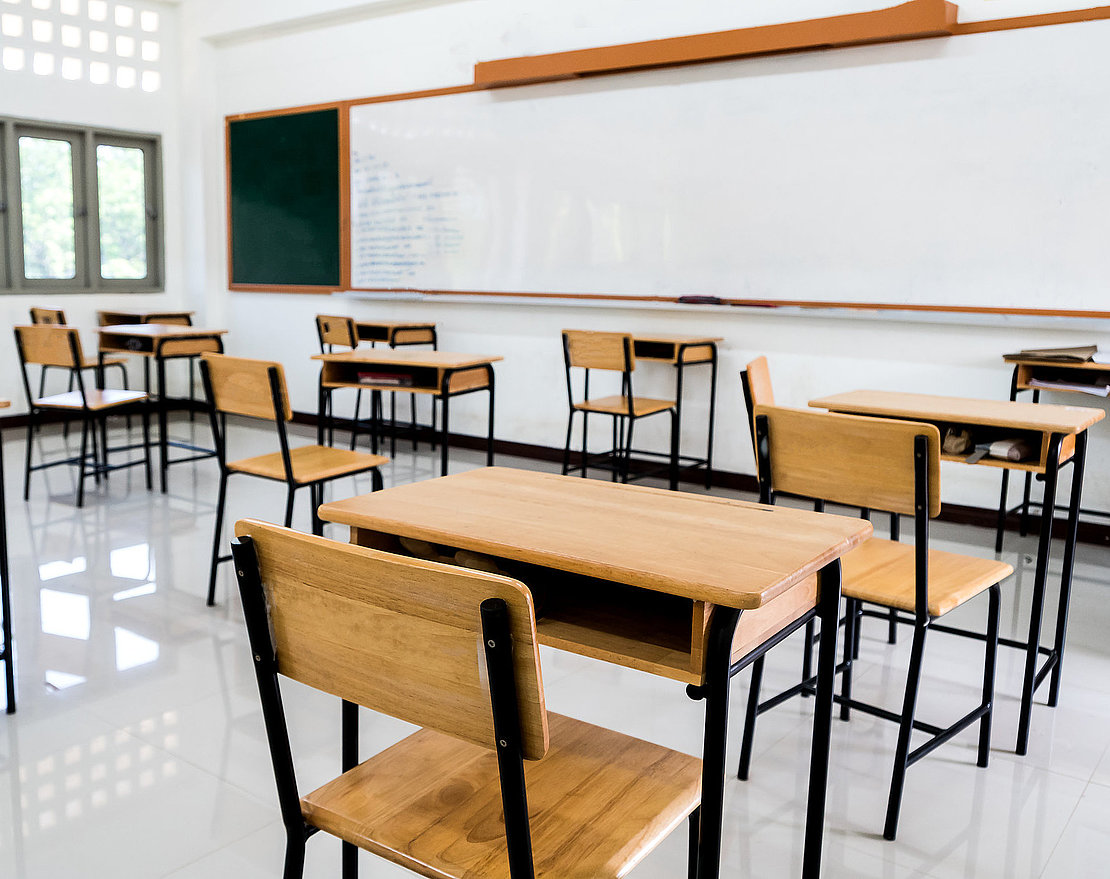 Lecture room, School empty classroom with desk chair iron wood f