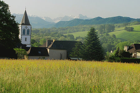 Au centre du village d’Estialescq, sa fameuse église bleue © DR