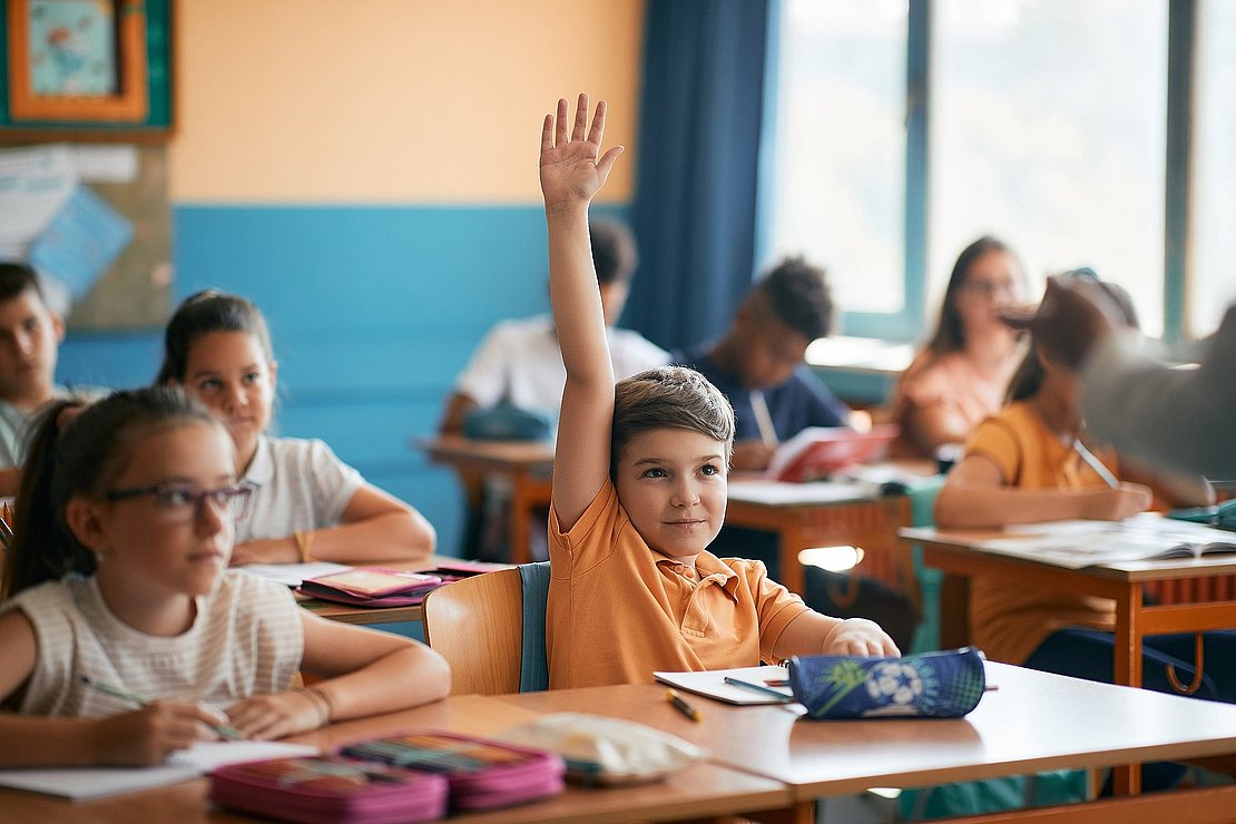 Smiling schoolboy raises his arm to answer teacher's question du