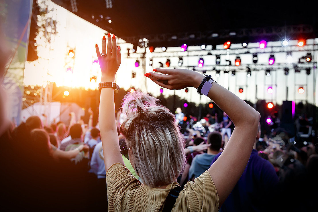 People with raised hands at summer music festival.