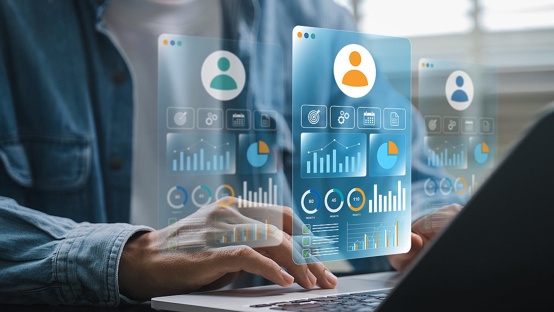 Digital HR system showing employee KPI data, team performance metrics and productivity dashboards used by organizations for workforce evaluation and human resource data driven decision making