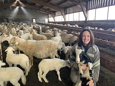 Elijabet Urruty à l’étable avec « ses préférées » les agnelles noires et blanches. © Charlotte Candau