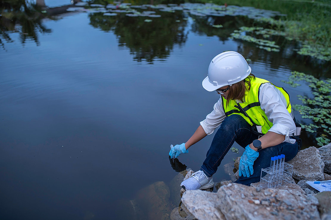 Environmental engineers inspect water quality,Bring water to the lab for testing,Check the mineral content in water and soil,Check for contaminants in water sources.