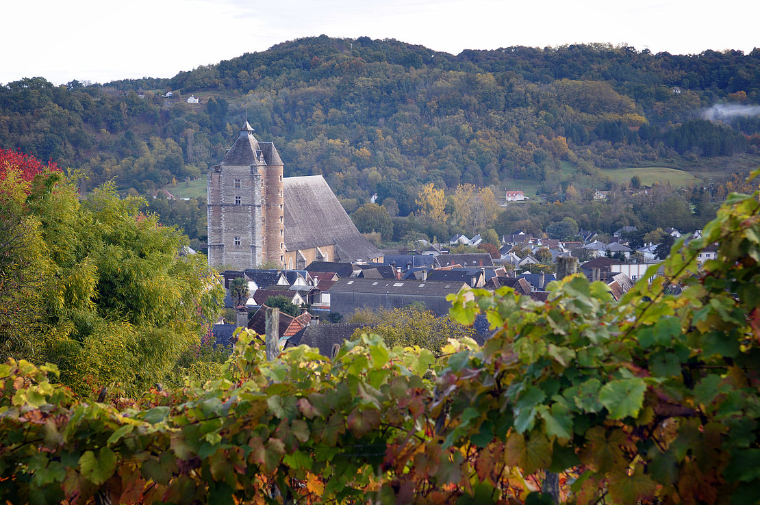 Dans les vignes l'église Saint Girons domine Monein. © Antoinette Paoli