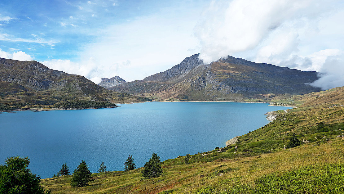 Lake Lac du Mont Cenis in the mountain landscape, French Alps, Val Cenis, Savoie, France, Europe.