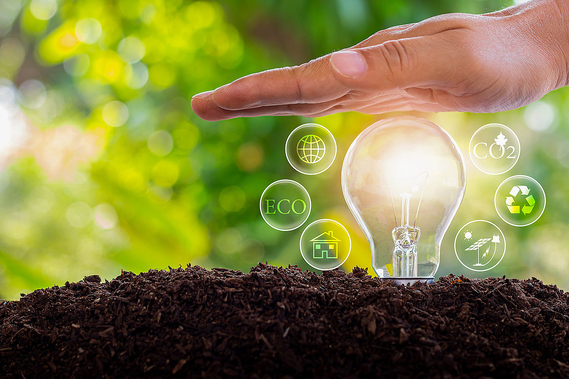 Light bulb on ground. Earth and energy saving concept, hand touching light bulb with nature on ground with energy source icon for sustainable and sustainable development.