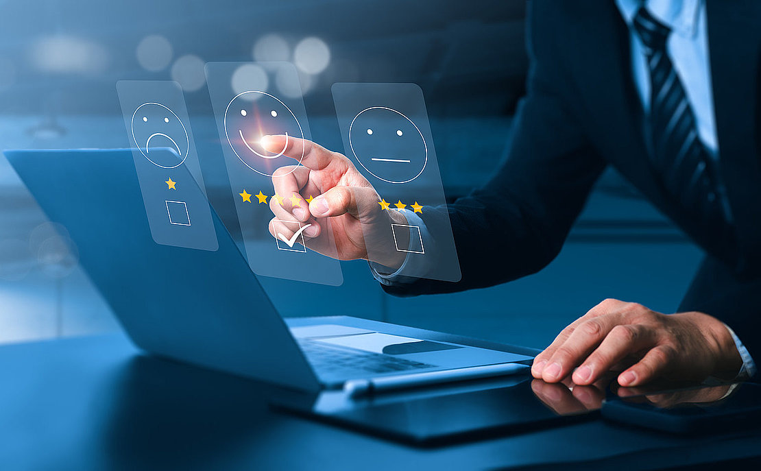 Customer rate their online application's service experience, analyze concept of satisfaction feedback survey, assess quality of services provided, which contribute to ranking of business's reputation.