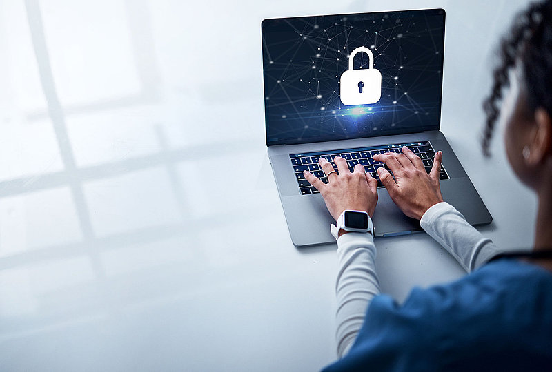 Doctor, hands or laptop in futuristic healthcare, cybersecurity