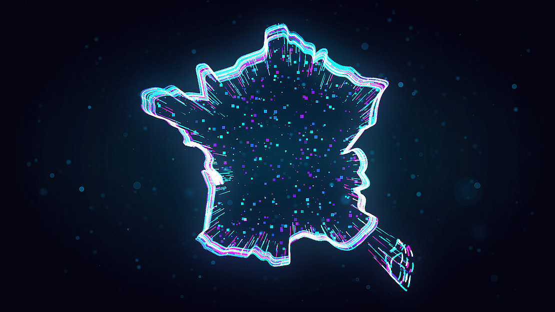 Blue Purple Shiny France Map 3d Lines Contour With Square Dots Particles On Dark Bluish Glitter Dust Background
